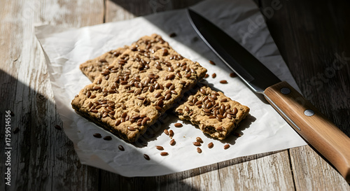 Healthy crackers with seeds, knife on wooden table, food photography in sunlight