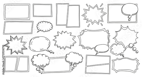 Comic strip frames Rectangular burst  bubble shapes form varied layouts for dialogue and action