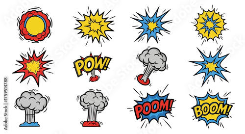 Comicstyle graphic Explosions puffs of smoke and text like POW and BOOM in bold colorful designs