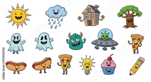 Comicstyle drawings of diverse items sun cloud house tree ghosts monster UFO pizza hotdogs bulb cupcake pencil