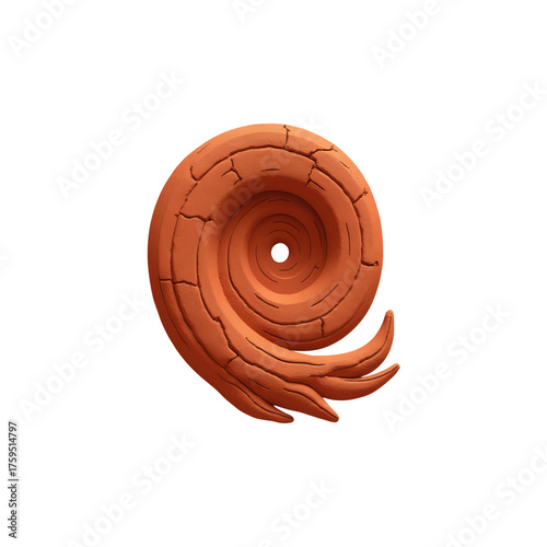 A stylized swirl pattern (wind) rendered in the texture of fine terracotta clay, with subtle cracks