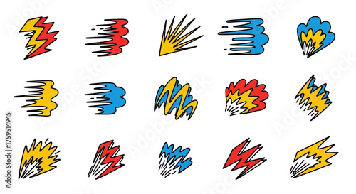 Comicstyle illustrations of stylized speed and impact graphics in red yellow  blue with black outlines