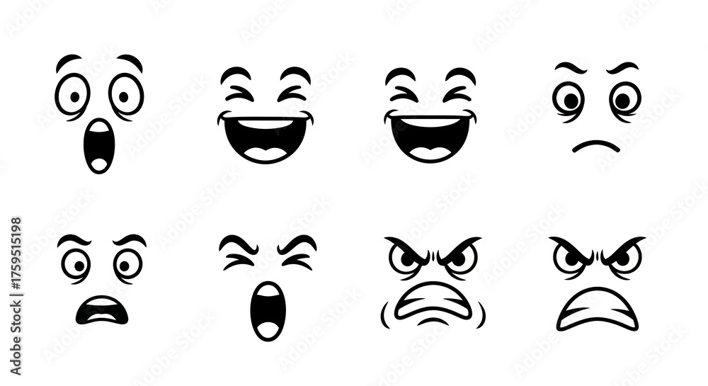 Tableau sur toile Eight cartoon faces depict diverse emotions surprise joy sadness and anger