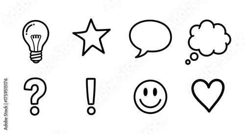 Eight blackandwhite icons arranged in two rows including a lightbulb star speech bubble thinking cloud question mark exclamation mark smiley face heart