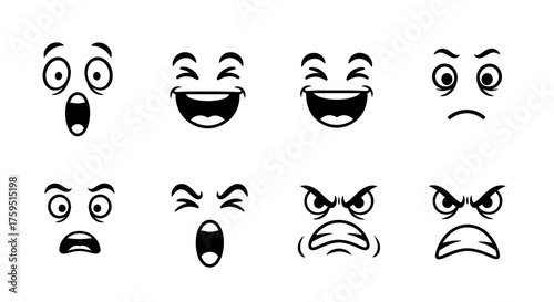 Eight cartoon faces depict diverse emotions surprise joy sadness and anger