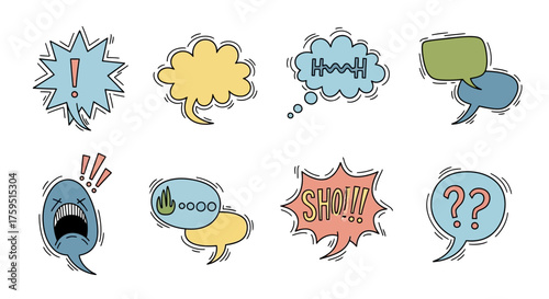 Eight comicstyle speech bubbles each colored differently with unique shapes and symbols