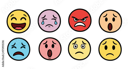Eight different emotion emojis happy sad angry surprised blue shocked nervous and depressed