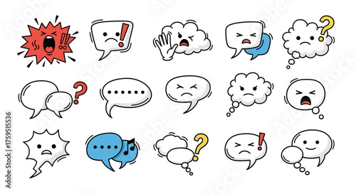 Fifteen cartoonstyle speech and thought bubbles with various emotions question marks and musical notes