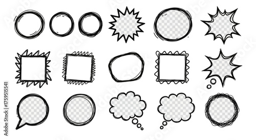 Fifteen cartoonstyle frames and bubbles with thick handdrawn outlines