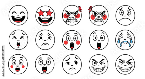 Fifteen circular emoji faces expressing a range of emotions