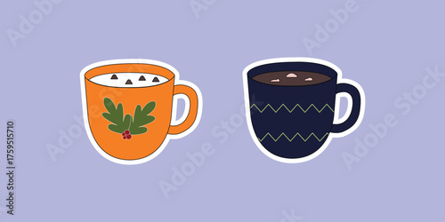Two illustrated mugs with drinks on purple background isolated on white background