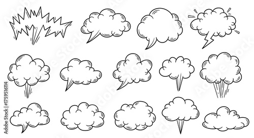 Handdrawn comic speech bubbles and explosions in black and white