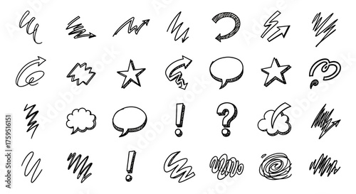 Handdrawn doodle icons arrows stars speech bubbles punctuation clouds and scribbles arranged in rows