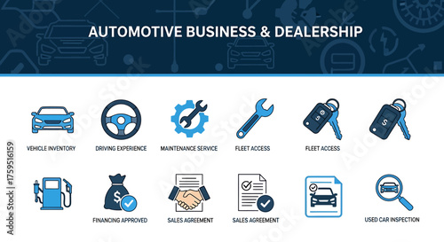 Automotive business and dealership icons displayed under a dark blue header