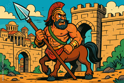 Guardian vector standing gates ancient icon proudly holding centaur spear simple massive
