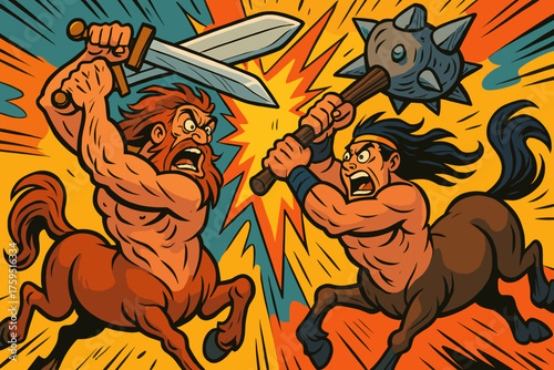 Centaurs epic scene vector oversized duel dramatically comic icon two wild