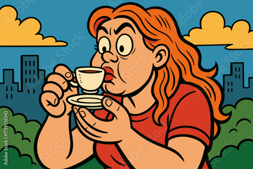Tea sip comical looks trying tiny that oversized her vector giantess icon