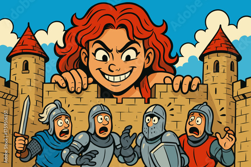 Castle peeking giantess shocked as playful icon walls grin vector over