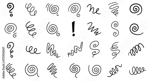 Handdrawn swirls scribbles and punctuation marks fill a white space