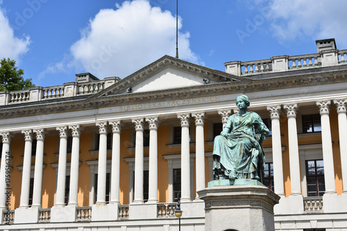 Raczynski Library and Hygieia goddess statue in Poznan town, Poland, historical landmark