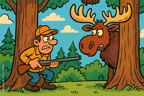 Comical huge hunter his behind moose hide vector icon prey scene