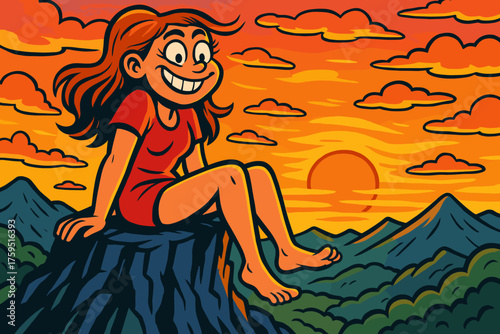 Giantess simple watching dangling mountain comic legs sunset peak icon playful grin