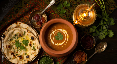 Indian cuisine bowl and naan bread with spices and an oil lamp on a dark theme