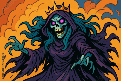 Glowing vibrant tattered vector eyes skeletal robes exaggerated lich violet icon female