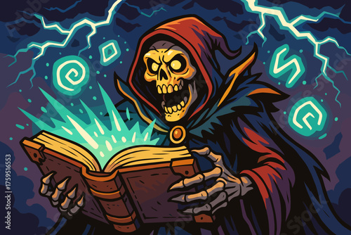 Icon runes floating crackling lich lightning overhead glowing vector comic s spellbook