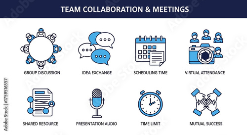 Eight blue and white line icons illustrate team collaboration and meeting elements
