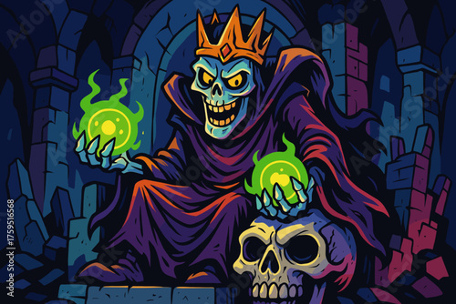 Glowing hands dramatically skull smirking icon massive throne vector lich holding