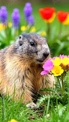 Cute marmot sniffing flowers in a field of colorful spring blooms