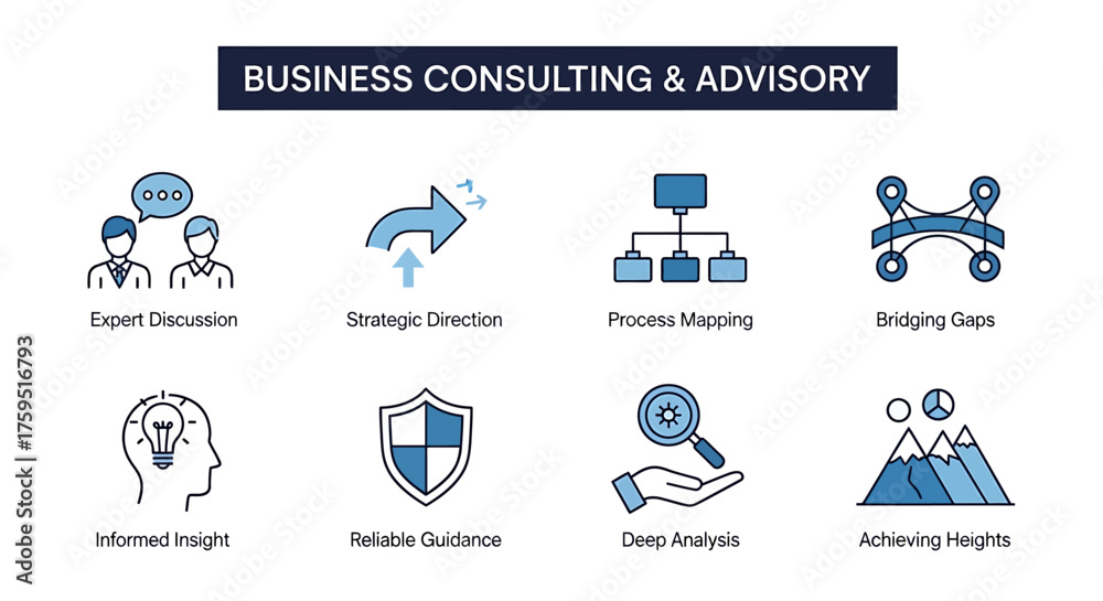 Fototapeta premium Eight icons illustrating business consulting and advisory services under a dark blue banner