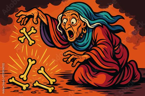 Oracle s glowing robes elderly bones icon ground while vector gasping comic