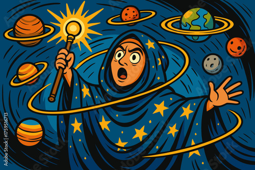 Cosmic oracle raising her around vision icon vector comic covered planets while