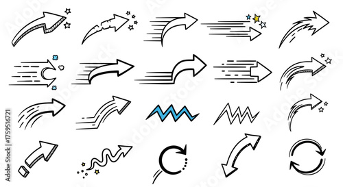 Illustration of 21 handdrawn arrows with varying styles and directions