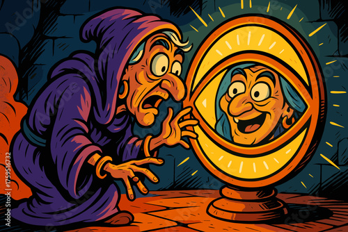 Distorted massive reflection comic glowing humorously oracle icon mirror vector into