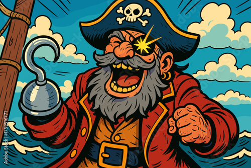 Grizzled icon glowing vector laughing comic patch eye pirate captain loudly