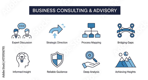 Eight icons illustrating business consulting and advisory services under a dark blue banner