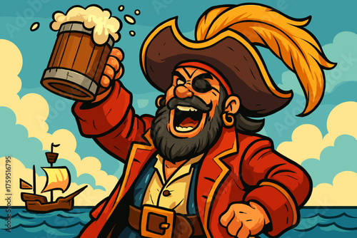 Celebrating vector icon raising ale hat feathered mug pirate captain dramatically