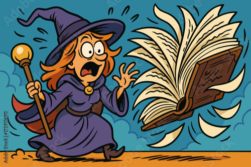 Sorceress flip uncontrollably comical chaos giant icon pages read comic vector spellbook