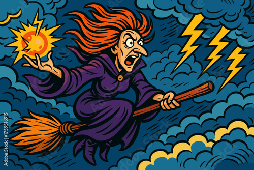Icon comic wildly riding through broomstick storm flying clouds sorceress vector hair