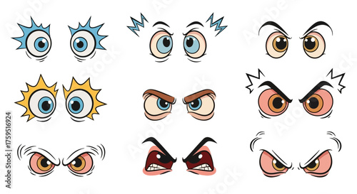 Nine pairs of cartoon eyes showing various expressions including surprise and anger
