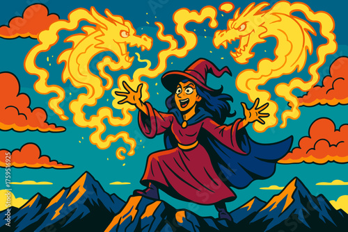 Summons smoke comic magical standing vector peak icon sorceress mountain glowing dragons