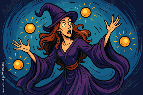 Sorceress elegant orbit summoning robes around orbs her icon vector head
