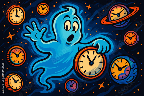 Cosmic surrounded glowing timekeeper vector adventure shaped space like icon through ghostly