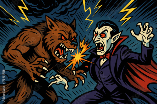 Lines werewolf icon battling vampire comic skies flying vs vector sparks under