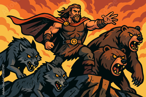 Warrior beastmaster giant heroic rocky vector commanding s icon wolves command cliff