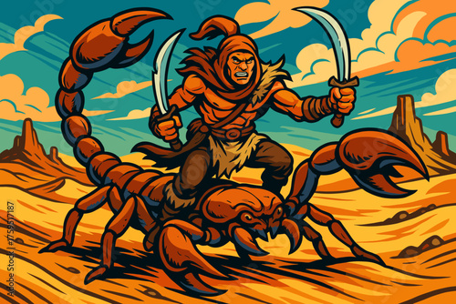 Scorpion raised riding desert icon warrior vector blades beastmaster holding curved