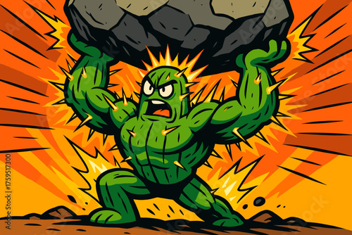 Cactusman glowing vector power comic spikes lifting boulder icon ease massive